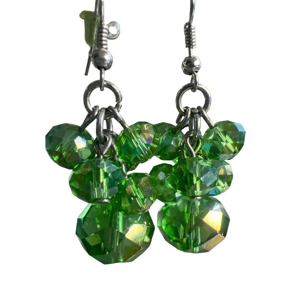 Vintage Spring Green AB Sparkly Dangle Faceted Bead Silver Tone Pierced Earrings